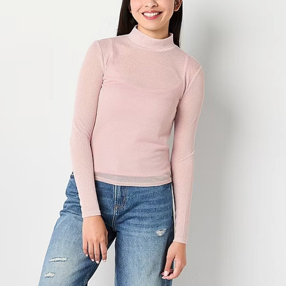Arizona Build In Cami Womens Juniors Mock Neck Long Sleeve T-Shirt , Pink Sz S